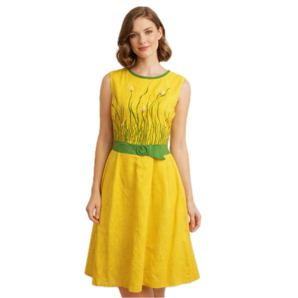 Carol Brent, 🌼 Vintage 1960s Mod Yellow Embroidered Belted Dress 🌼, Size M